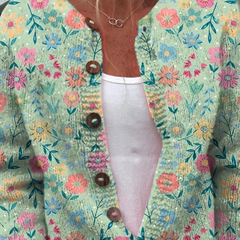 Women's open-front vintage floral cardigan in soft pastel print with toggle buttons