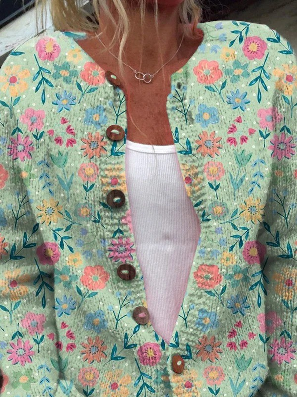 Women's open-front vintage floral cardigan in soft pastel print with toggle buttons