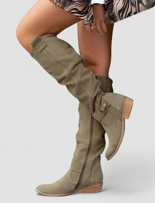 Slouch knee-high riding boots with ankle buckle strap and low block heel