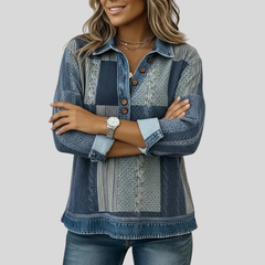 Colourblock knit sweatshirt with button placket, contrast collar and rolled cuffs in blue, black and brown