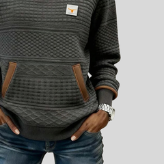 Women's crew neck colorblock sweatshirt with quilted texture panels and front kangaroo pocket