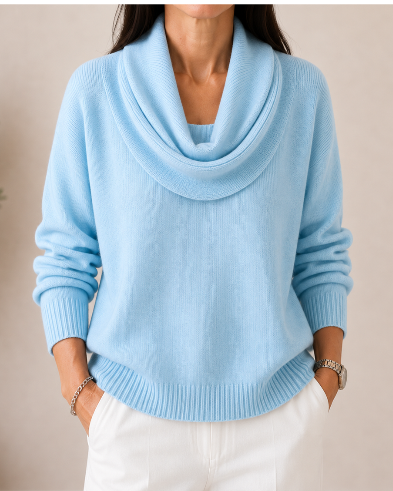 Caralina elegant cowl neck knit jumper with softly draped neckline and relaxed fit