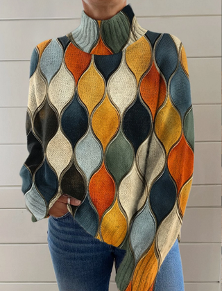 Multicolor abstract pattern turtleneck sweater with a relaxed fit and ribbed cuffs