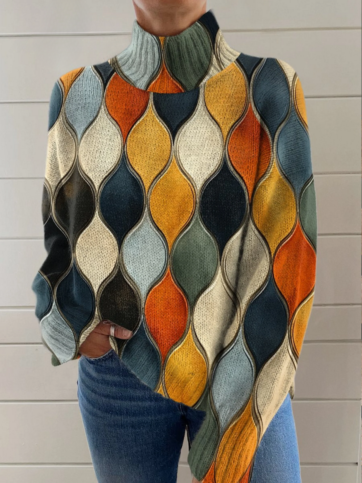 Multicolor abstract pattern turtleneck sweater with a relaxed fit and ribbed cuffs