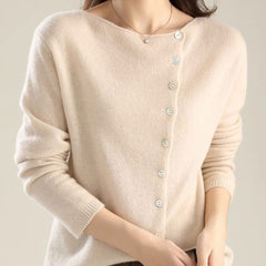 Women's V-neck button-front long sleeve cardigan with softly shaped collar and hip-length hem