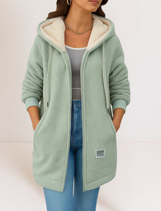 Women's hooded zip-front fleece jacket with long sleeves in a casual everyday style