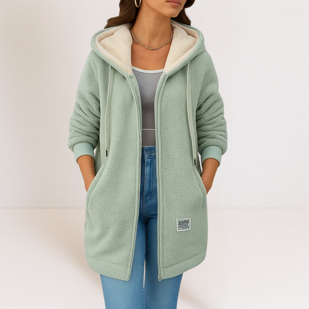 Women's hooded zip-front fleece jacket with long sleeves in a casual everyday style