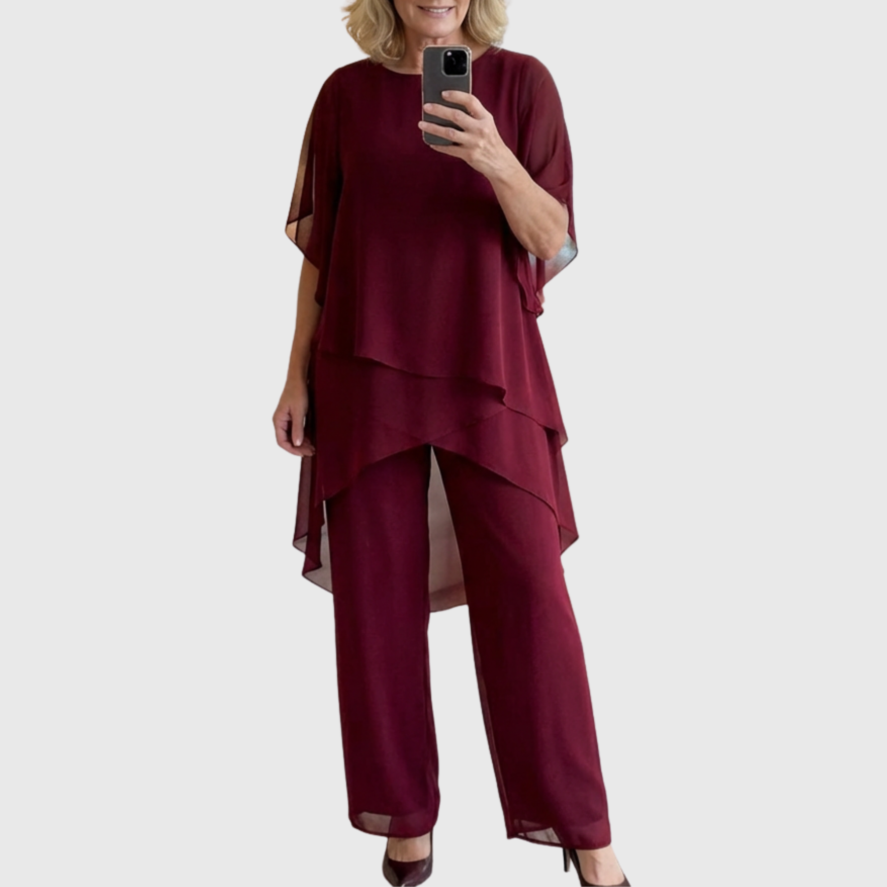 Women's flowing chiffon top with matching wide-leg trousers two-piece set