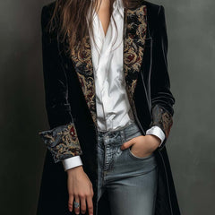 Women's black baroque print slim fit blazer with statement lapels and single-breasted front