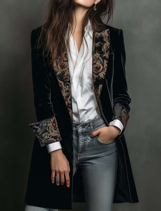 Women's black baroque print slim fit blazer with statement lapels and single-breasted front