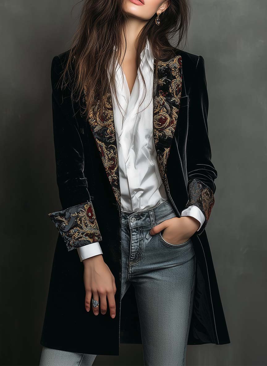 Women's black baroque print slim fit blazer with statement lapels and single-breasted front
