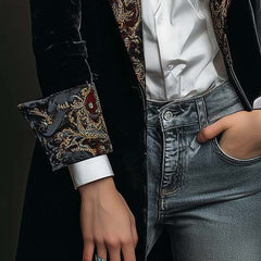 Women's black baroque print slim fit blazer with statement lapels and single-breasted front