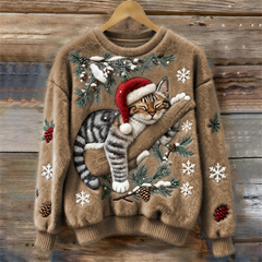 Women's crew neck sweater with a festive cat graphic and winter motifs, long sleeves and ribbed cuffs