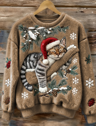 Women's crew neck sweater with a festive cat graphic and winter motifs, long sleeves and ribbed cuffs