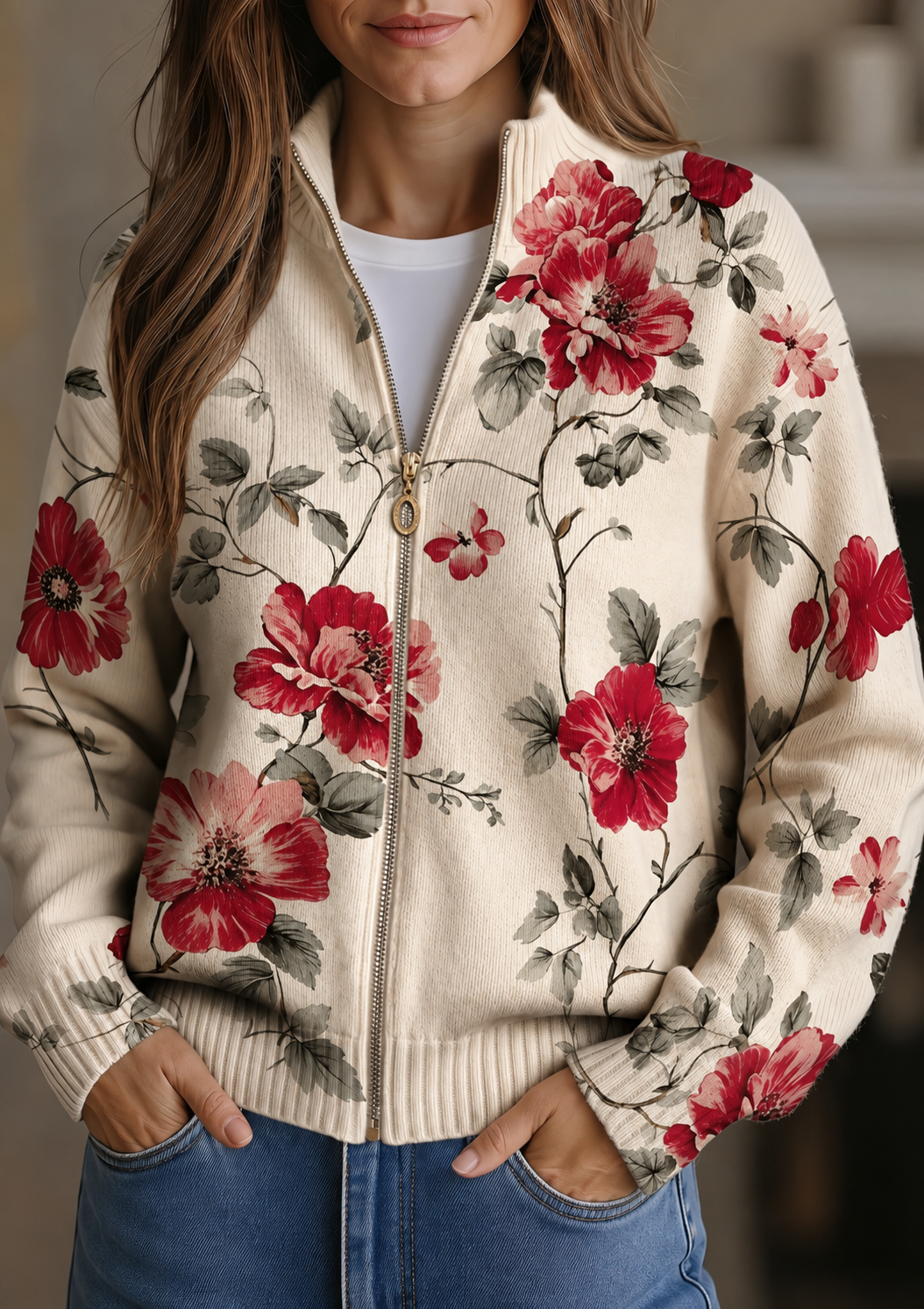 Cream zip cardigan with watercolour coral and rose floral print and structured ribbed cuffs