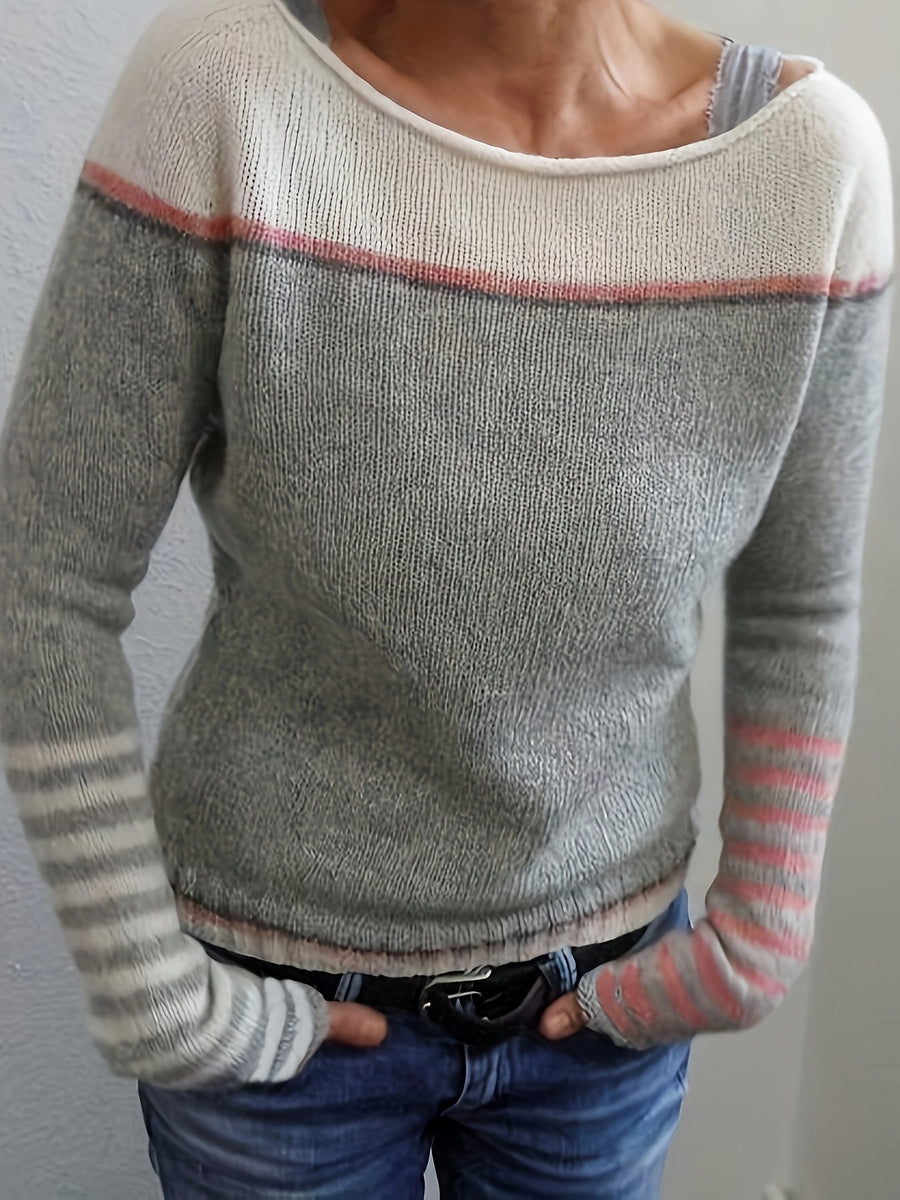 Norelle striped colour-block pullover sweater with scooped neckline and ribbed cuffs