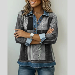 Colourblock knit sweatshirt with button placket, contrast collar and rolled cuffs in blue, black and brown