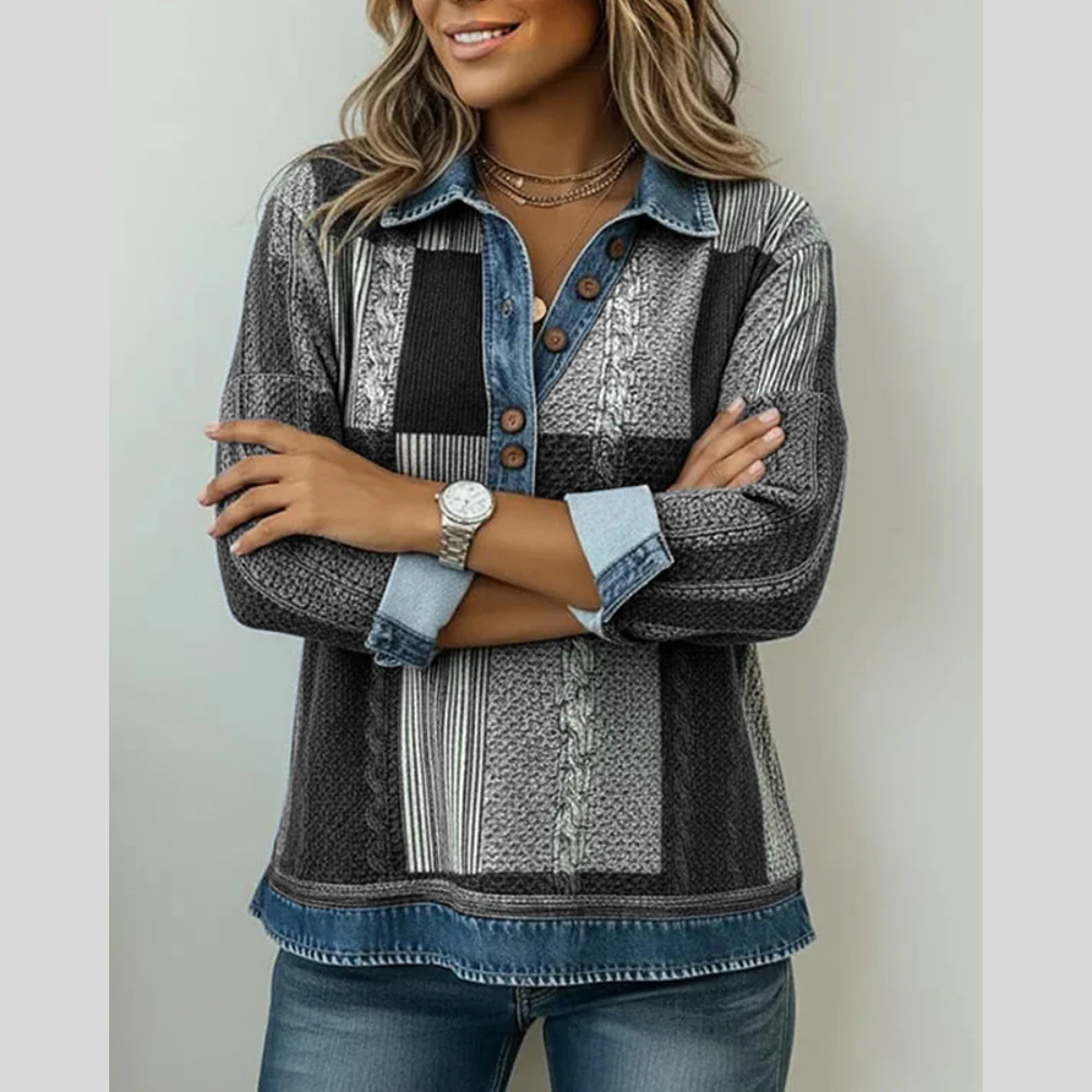 Colourblock knit sweatshirt with button placket, contrast collar and rolled cuffs in blue, black and brown