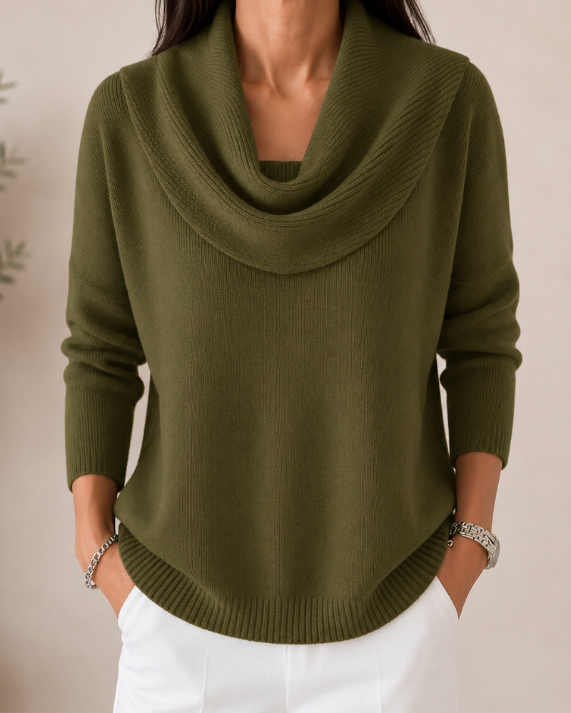 Caralina elegant cowl neck knit jumper with softly draped neckline and relaxed fit