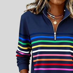 Colourful horizontal striped quarter-zip sweatshirt with silver zip and ribbed cuffs