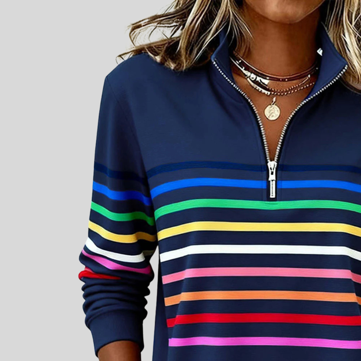 Colourful horizontal striped quarter-zip sweatshirt with silver zip and ribbed cuffs