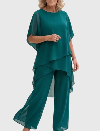 Women's flowing chiffon top with matching wide-leg trousers two-piece set