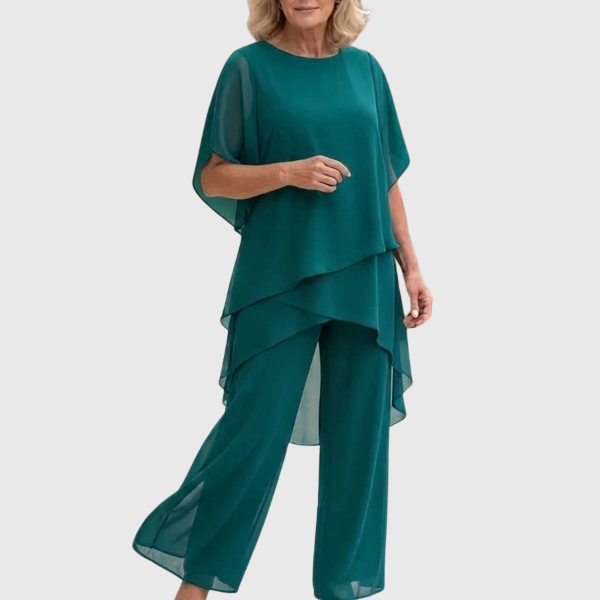 Women's flowing chiffon top with matching wide-leg trousers two-piece set