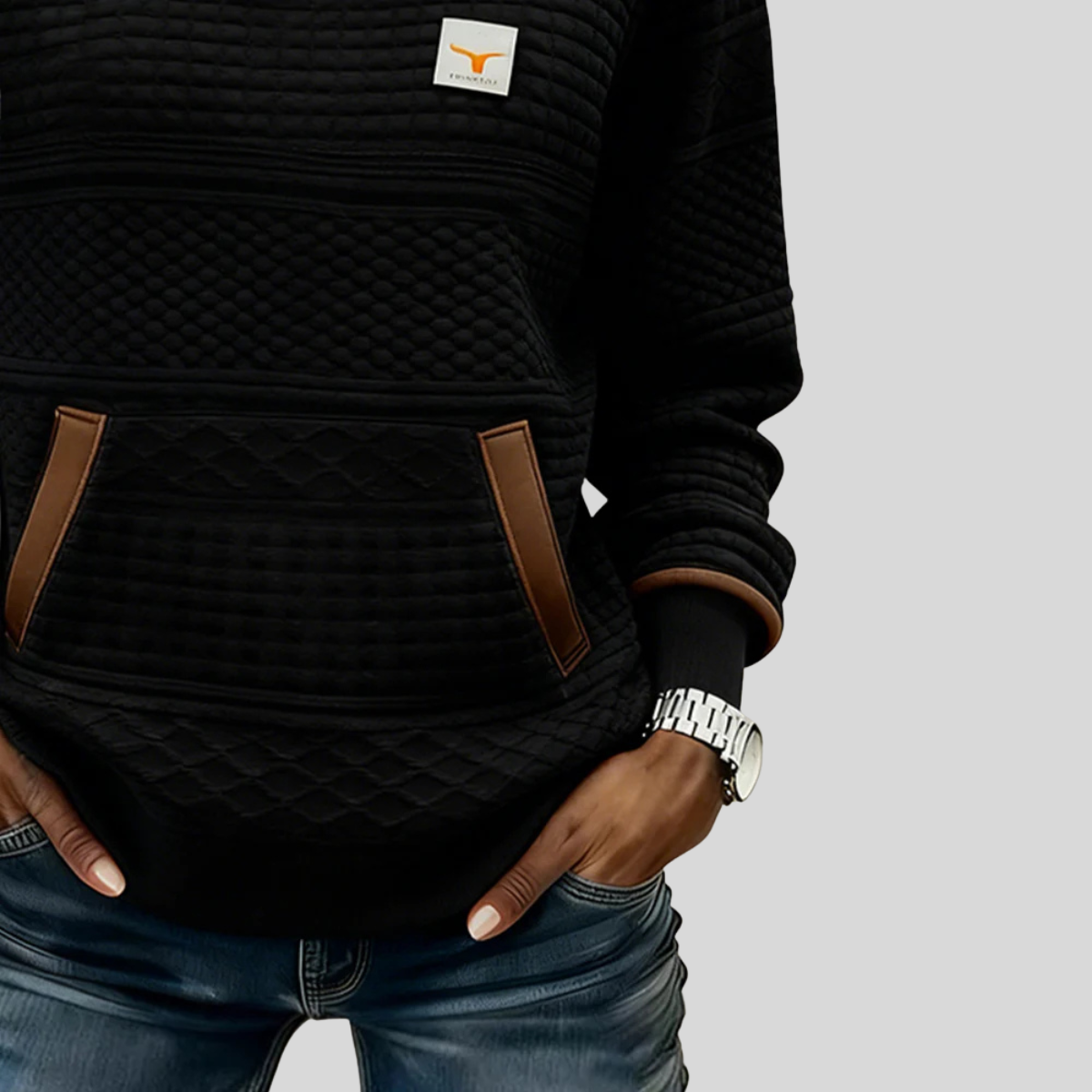 Women's crew neck colorblock sweatshirt with quilted texture panels and front kangaroo pocket