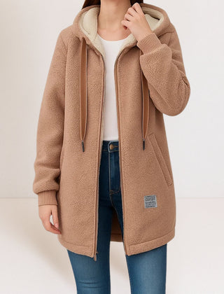 Women's hooded zip-front fleece jacket with long sleeves in a casual everyday style