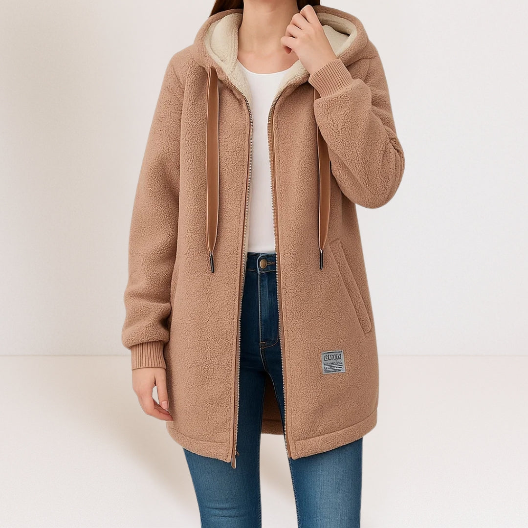 Women's hooded zip-front fleece jacket with long sleeves in a casual everyday style
