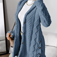 Women's hooded longline cardigan with button-front closure and raised textured surface