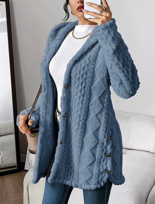 Women's hooded longline cardigan with button-front closure and raised textured surface