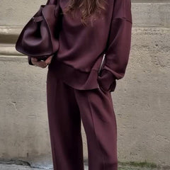 Women's relaxed long-sleeve top and wide-leg pants outfit set in Burgundy and Cream