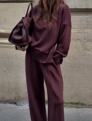 Women's relaxed long-sleeve top and wide-leg pants outfit set in Burgundy and Cream