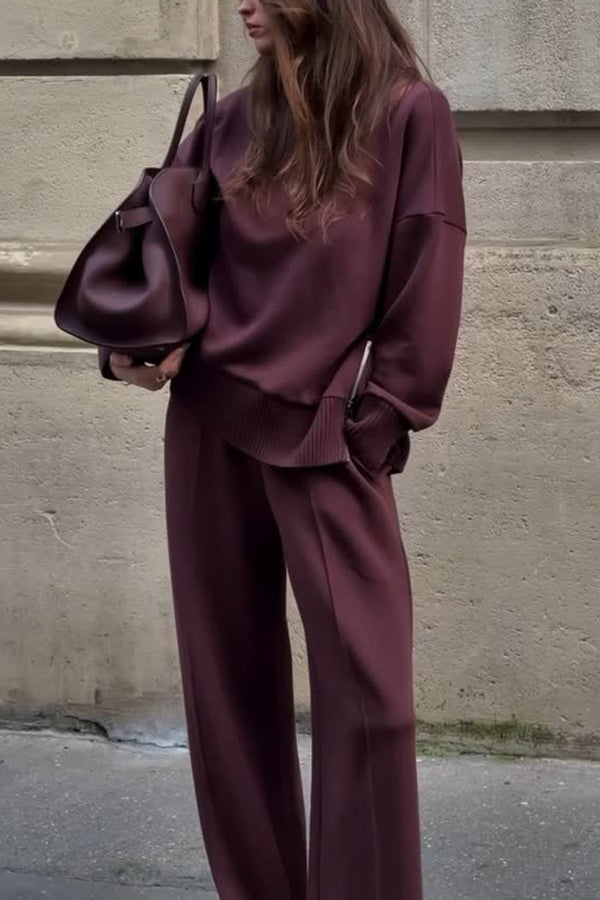 Women's relaxed long-sleeve top and wide-leg pants outfit set in Burgundy and Cream