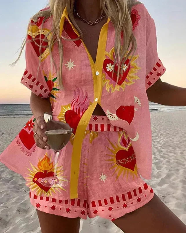 Bubblegum pink summer coordinated set with red and gold sacred heart print and gold trim