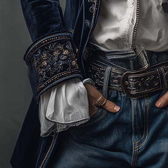 Women's vintage embroidered longline jacket with ornate lapel and cuff detailing