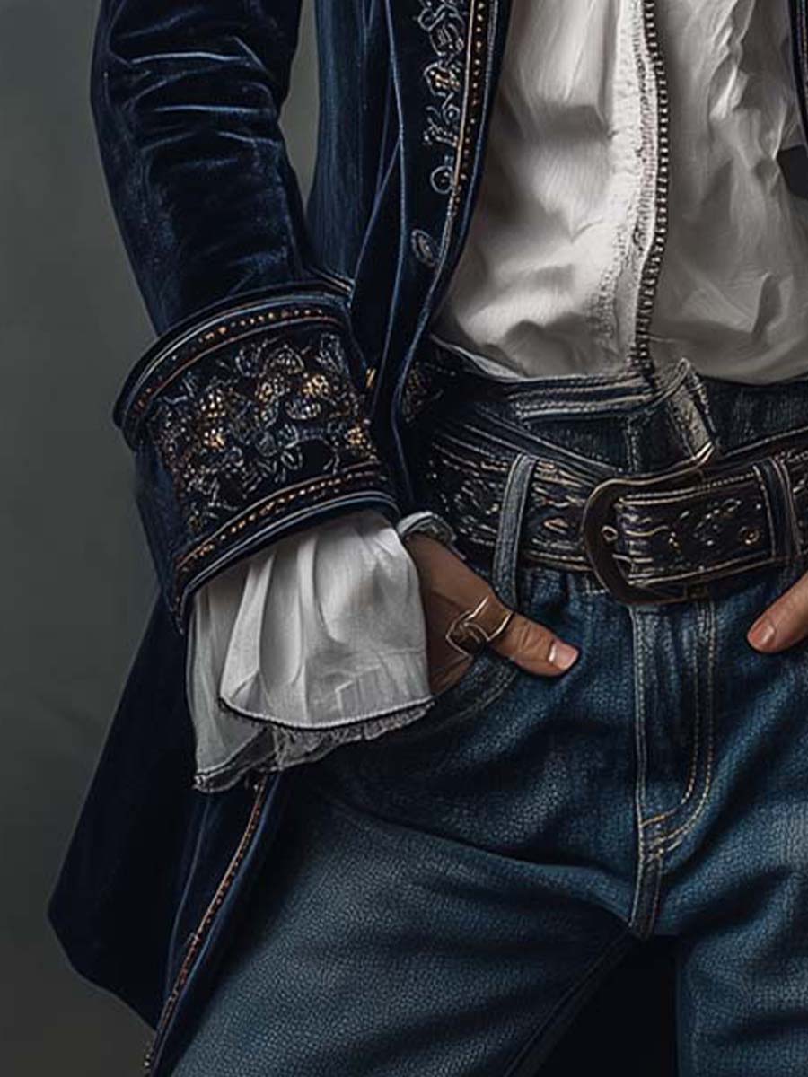 Women's vintage embroidered longline jacket with ornate lapel and cuff detailing