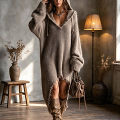 Fuzzy knit hooded midi dress with oversized fit and asymmetrical raw-edge hem