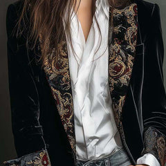 Women's black baroque print slim fit blazer with statement lapels and single-breasted front