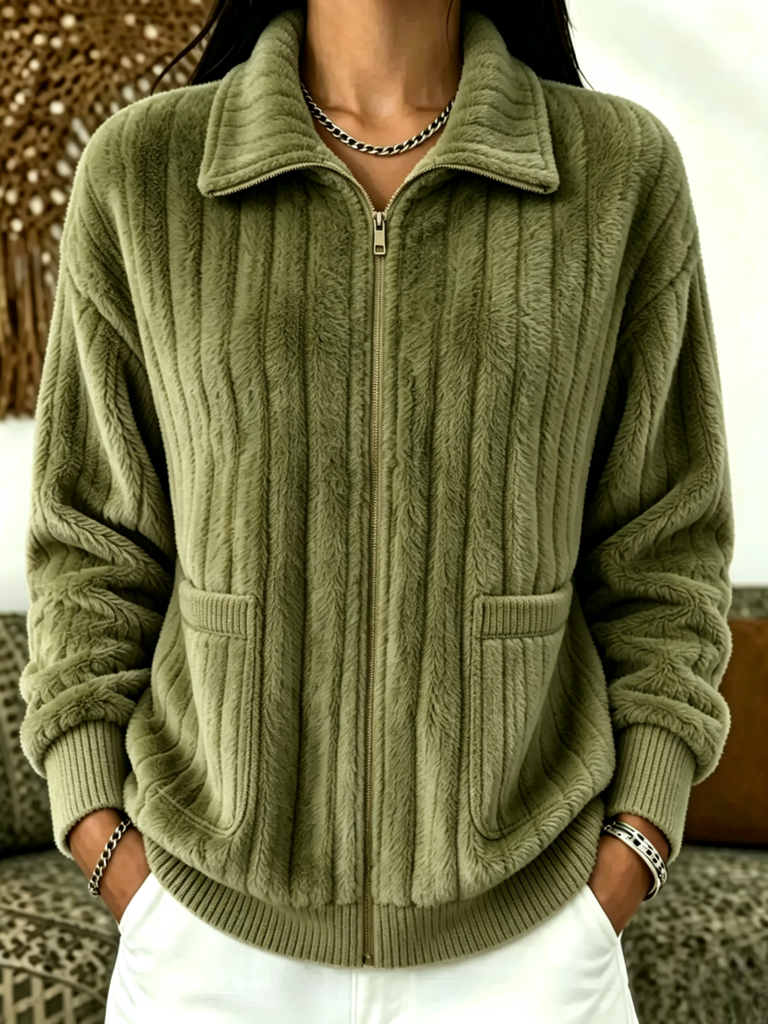 Green plush fleece full-zip jacket with lapel collar, side pockets and ribbed cuffs