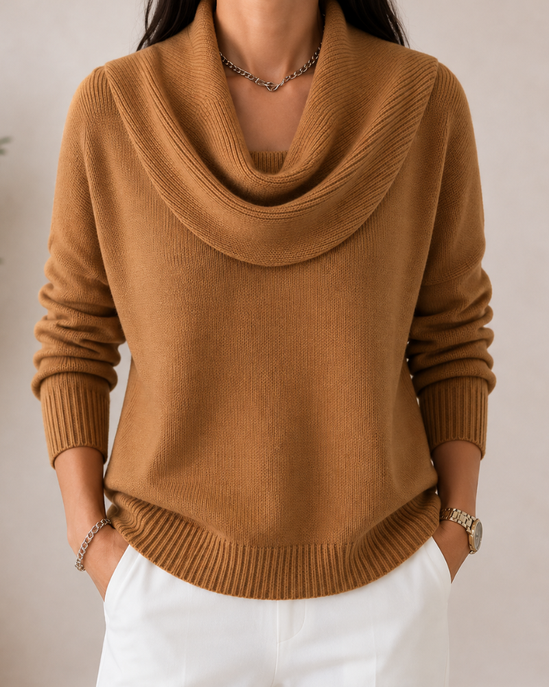 Caralina elegant cowl neck knit jumper with softly draped neckline and relaxed fit