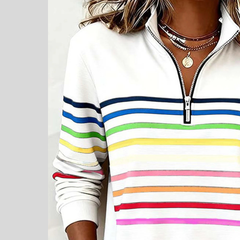 Colourful horizontal striped quarter-zip sweatshirt with silver zip and ribbed cuffs