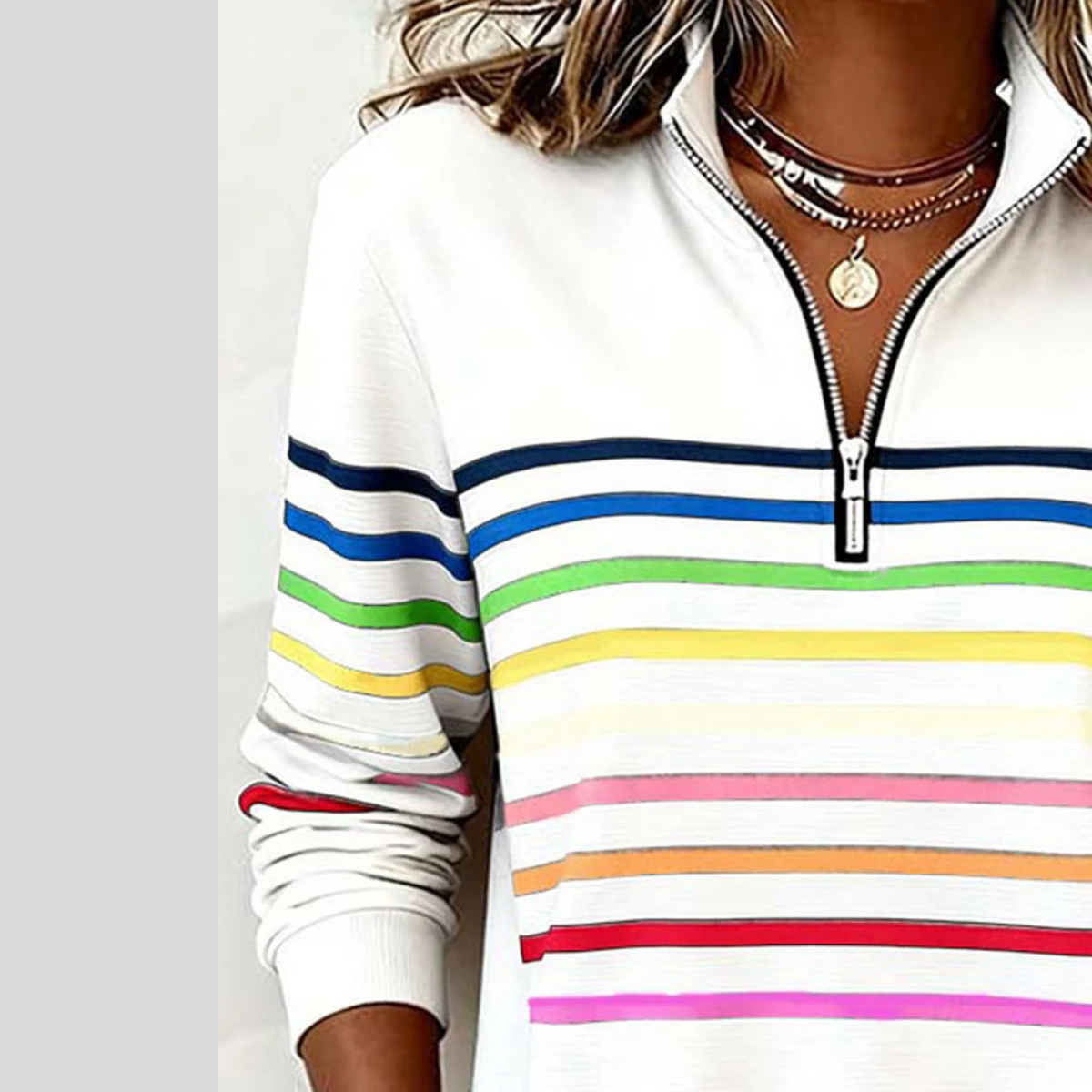 Colourful horizontal striped quarter-zip sweatshirt with silver zip and ribbed cuffs