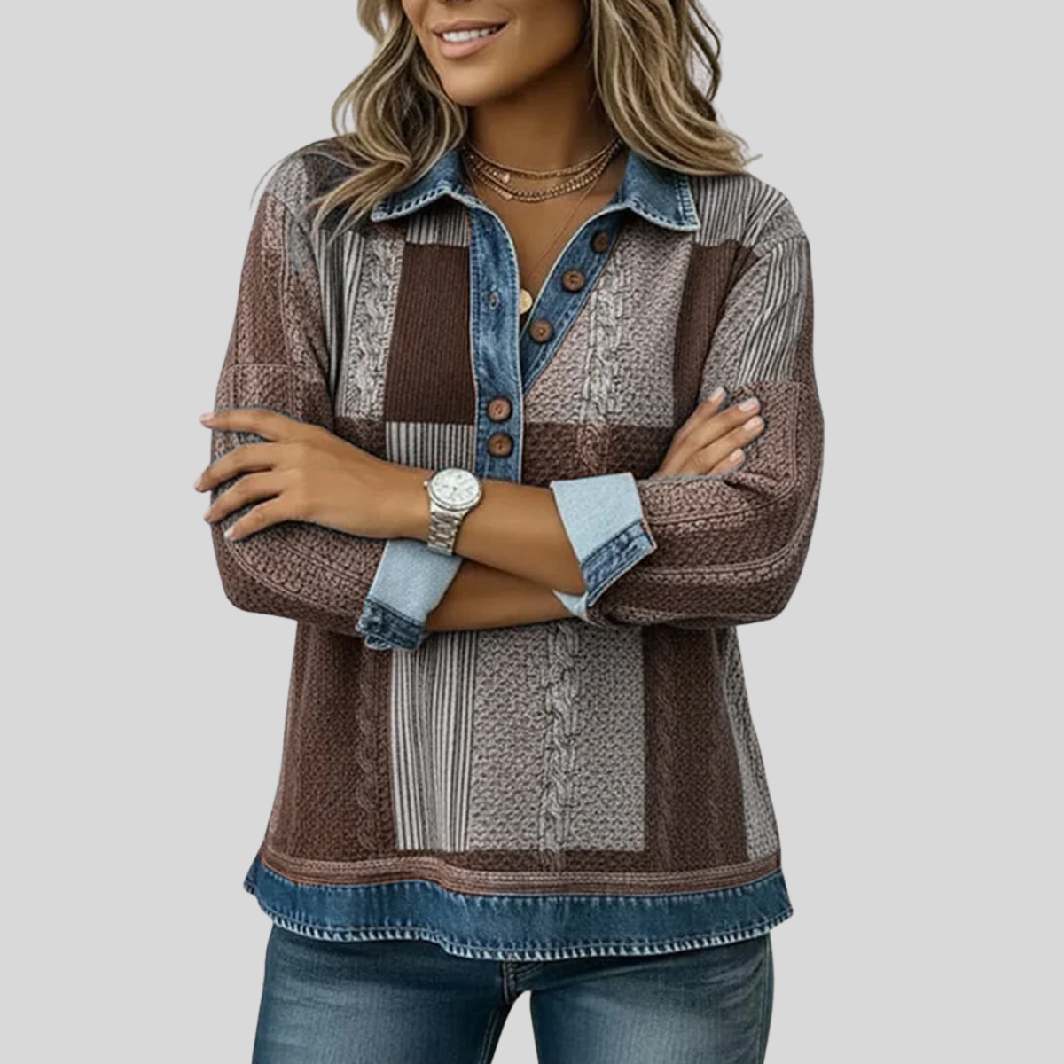 Colourblock knit sweatshirt with button placket, contrast collar and rolled cuffs in blue, black and brown