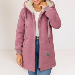 Women's hooded zip-front fleece jacket with long sleeves in a casual everyday style