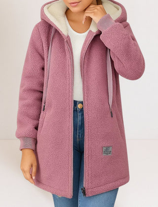 Women's hooded zip-front fleece jacket with long sleeves in a casual everyday style
