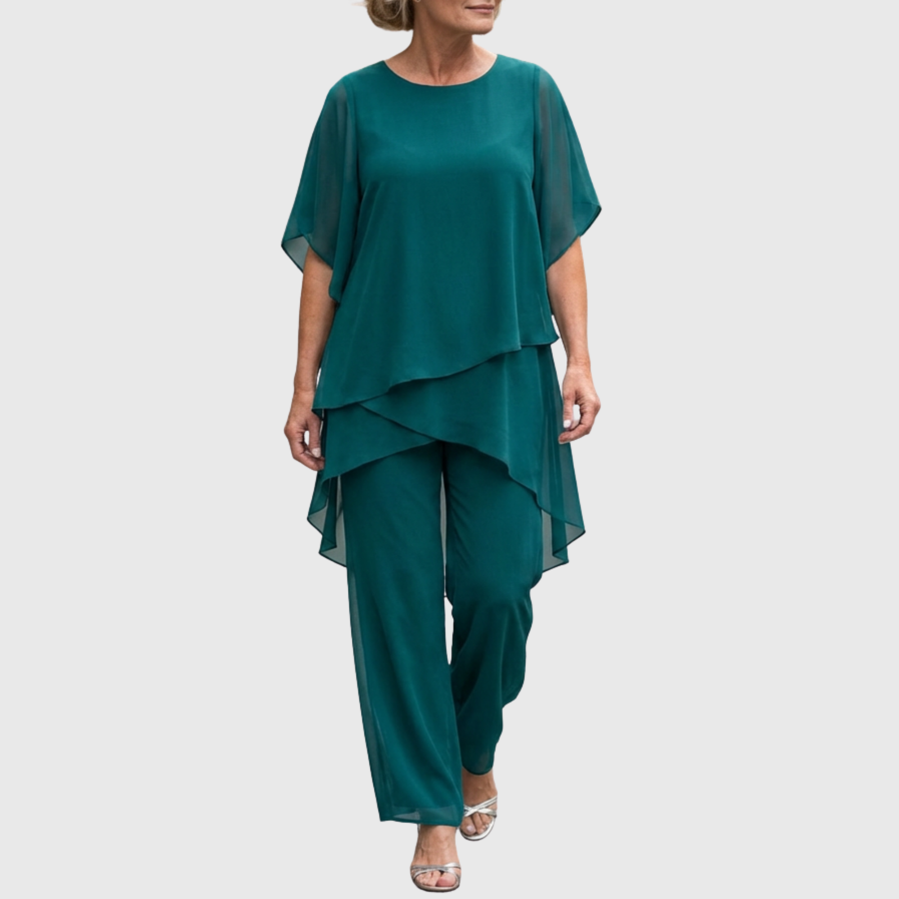 Women's flowing chiffon top with matching wide-leg trousers two-piece set