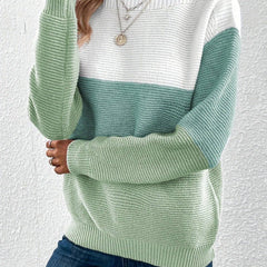 Women's colour block knit sweater with round neck, long ribbed sleeves and relaxed silhouette