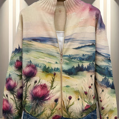 Women's zip cardigan with watercolour thistle landscape print, gold zip and ribbed stand collar